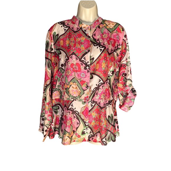 Johnny Was Size Large 100% Silk Long Sleeve Blouse Button Down Lightweight Top - Picture 1 of 8